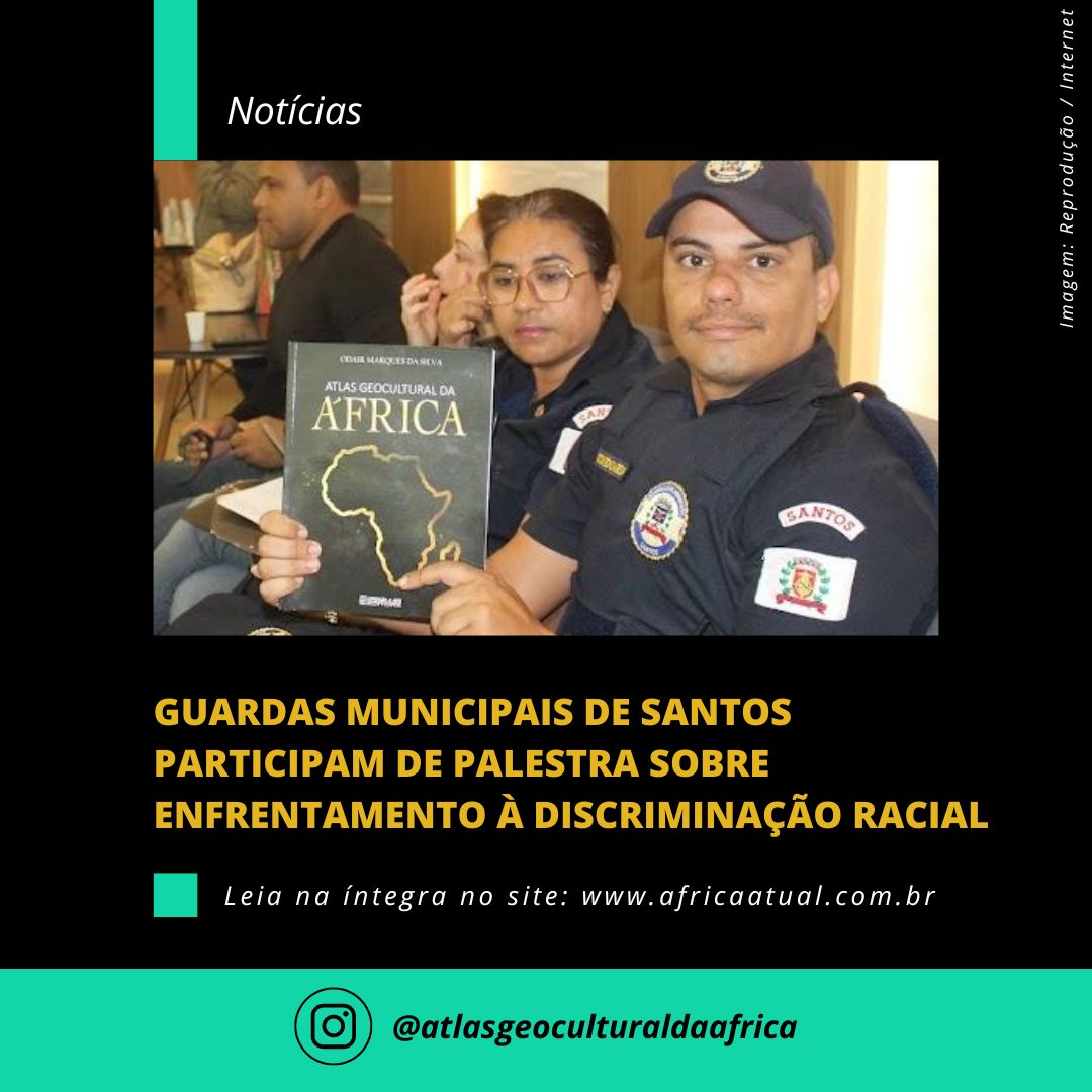 Card ilustrativo da notícia com a foto de dois policiais, uma mulher e um homem, fardados e segurando o livro Atlas Geocultural da África